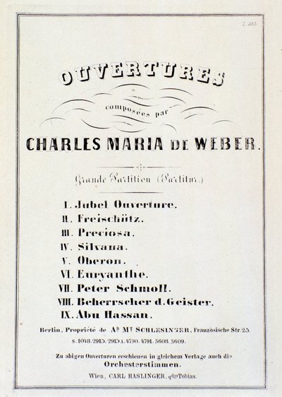 Side med presentasjon av ouverturer fra ulike operaer av Carl Maria von Weber (litho) av German School