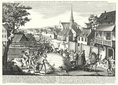 Bønder som angriper ballongen til Jacques Charles og Robert Brothers etter at den kom ned ved Gonesse, 27. august 1783 (gravering) av German School