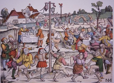 Bønder som danser (håndfarget gravering) av German School
