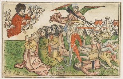 Folk i Israel ble straffet for å tilbe falske guder i rundt 1478, fra The Koberger Bible, Nürnberg, 1483 (håndfarget tresnitt) av German School