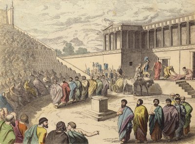 Fremføring av stykket Agamemnon i et teater i antikkens Hellas (farget gravering) av German School