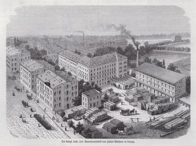 Pianofabrikk til Julius Bluethner, Leipzig, Tyskland (gravering) av German School