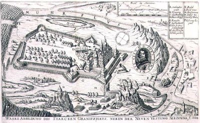 Plan over granittfestningen nær New Serinwar i 1664, illustrasjon fra en bok om de osmanske kampanjene i Europa, gravert av Paul Furst (ca. 1605-66) (gravering) av German School