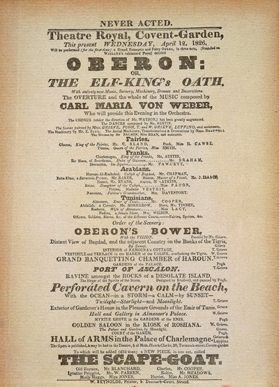 Playbill av den første forestillingen av 'Oberon', av Carl Maria von Weber, i Convent Garden, London, 12. april av German School