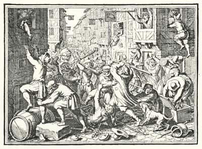 Plyndring av Judengasse, den jødiske ghettoen i Frankfurt, i Fettmilch-opprøret, 1614 av German School