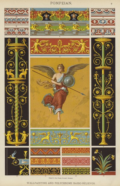 Pompeiansk, veggmaleri og polykrom Basso-Relievo (farge litho) av German School
