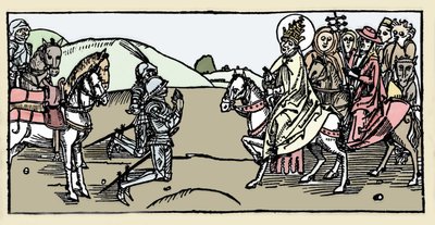 Pave Leon I møter Attila og Arrete - barbariske invasjoner - Gravering fra "Leben der Heiligen - sommerteil" (The Book of the Saint) av Jacobus (James) av Voragine (1228-1298). Lübeck 1488. av German School