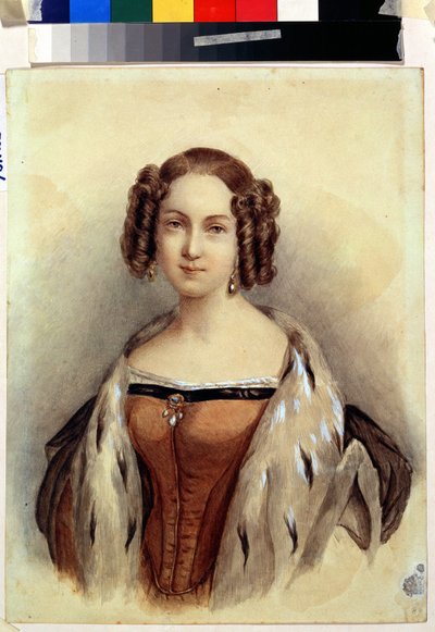 Portrett av prinsesse Marie av Hessen og Rhinen (1824-1880), som vil bli keiserinne av Russland (Portrett av prinsesse Marie av Hessen og Rhinen, fremtidig keiserinne av Russland). Anonymt maleri. Akvarell på papir, 39,3 x 23 cm, sent 1830. Tysk kunst av German School
