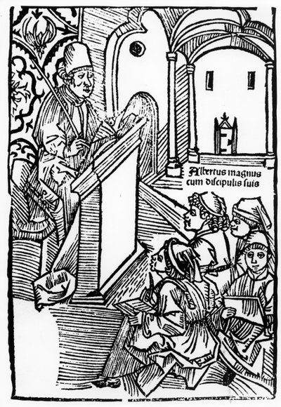 Portrett av Albertus Magnus med noen av hans elever, illustrasjon til tittelsiden til Epitomata, reparasjoner eller hele Aristoteles naturfilosofi. av Gerardus de Harderwyck, utgitt 14 av German School