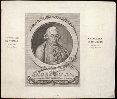 Portrett av Carl Philipp Emanuel Bach (1714-88) gravert av C. D. Krohn, 1788 av German School