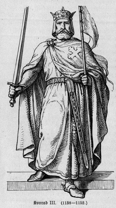 Portrett av Conrad III av Hohenstaufen (1093-1152), tysk romersk keiser. Gravering i "" Kaiser, Konig und Papft"" av Richard Roth av German School