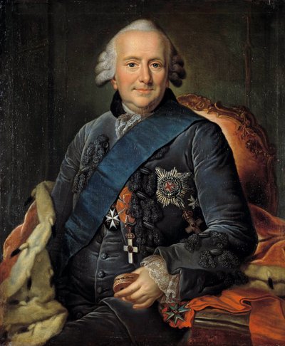 Portrett av Ferdinand, hertug av Brunswick (1721-1797), general-in-sjef for de prøyssiske hærene, han dekorerer insignier av rekkefølgen av strømpebåndet Anonym tysk maleri av German School