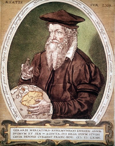 Portrett av Gerhard Kremer dit Gerardus Mercator (1512-1594). Falsk tittel på den første utgaven av Atlas. av German School