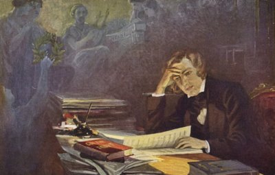 Portrett av Robert Schumann (fargelitografi) av German School