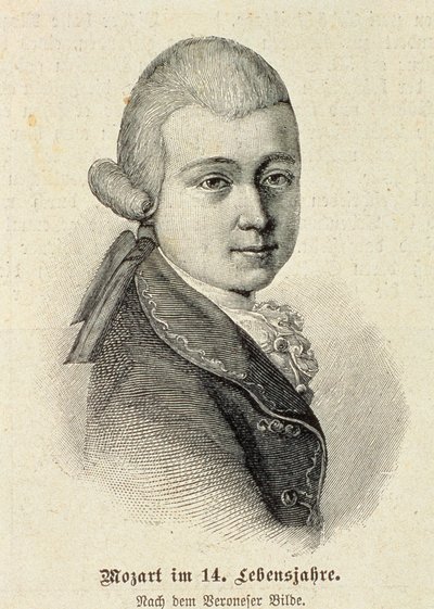 Portrett av Wolfgang Amadeus Mozart (1756-91) av German School