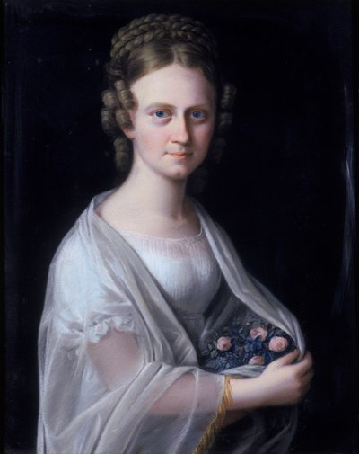 Portrett av en kvinne med rosa roser i armene av German School