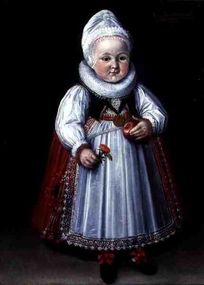 Portrett av et lite barn som holder et eple og en blomst (olje på lerret) av German School
