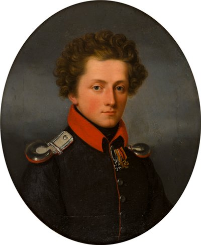 Portrait of a Young Officer, c.1801-99 (oil on canvas)   1376662   no       norwegian Successfully Translated  Original: Nature morte en rose. (sur un coin de table, devant des gravures, un verre deau, une branche de pommier, des prunes et des tomates). Pe av German School