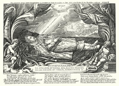 Portrett av den døde kong Gustavus Adolphus av Sverige (gravering) av German School
