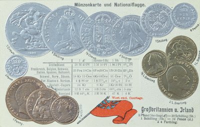 Postkort som viser britisk valuta og dets ekvivalenter i andre europeiske penger, ca. 1905 av German School