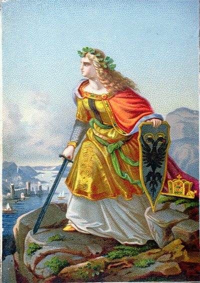 Postkort som viser Germania og Rhinen, ca. 1860 av German School