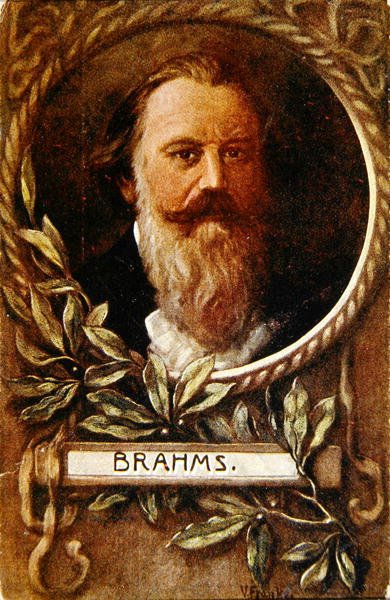 Postkort som viser Johannes Brahms (1833-97) ca. 1910 (lito i farge) av German School