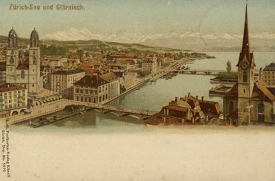Postkort som viser en generell utsikt over byen Zürich av German School
