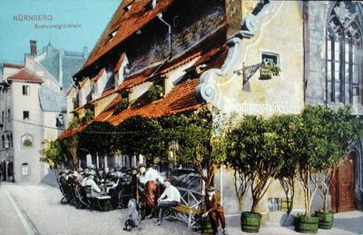 Postkort som viser Bratwurstglocklein-restauranten i Nürnberg, før 1914 (farget bilde) av German School
