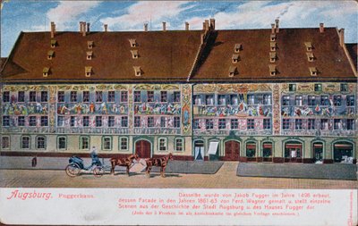 Postkort som viser Fuggerhaus, Augsburg av German School