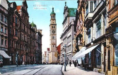 Postkort som viser Karolinenstrasse i Augsburg, ca. 1910 (farget bilde) av German School