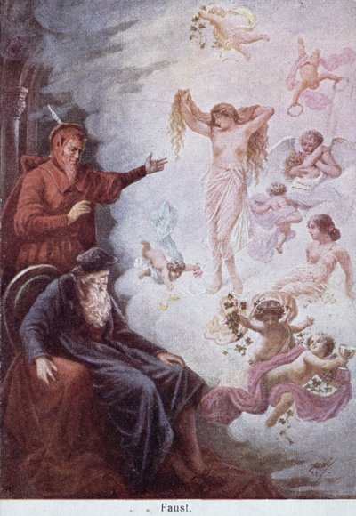 Postkort som viser Fausts fristelse av Mephistopheles, ca. 1905 av German School