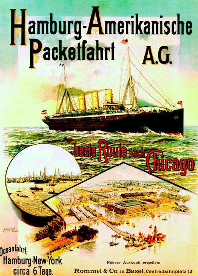 Plakat som reklamerer for Hamburg American Line, 1893 av German School
