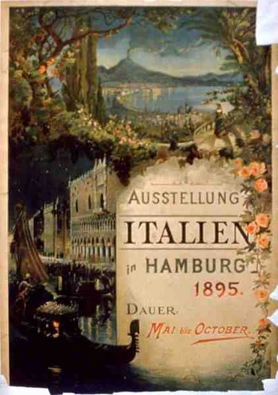 Plakat som reklamerer for den italienske utstillingen i Hamburg, mai-oktober 1895 (litho-farge) av German School