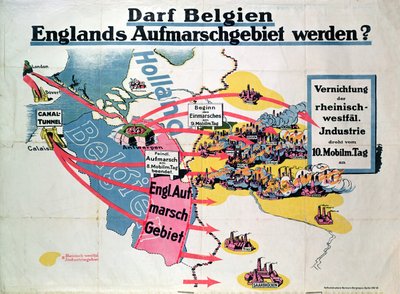 Plakat som uttrykker tysk angst for den foreslåtte byggingen av en kanaltunnel som forbinder Belgia og England, ca. 1914-18 av German School