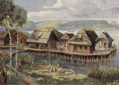 Forhistorisk europeisk innsjølandsby (fargelitografi) av German School