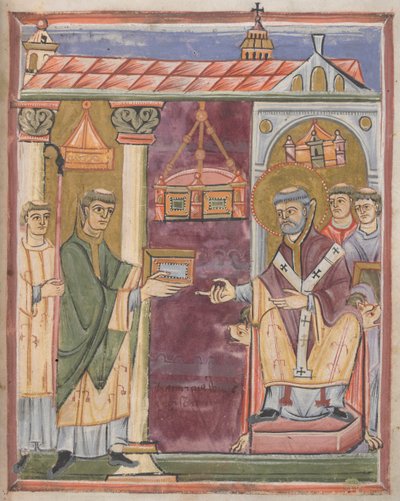 Prest presenterer en bok [til St. Augustine?] av German School
