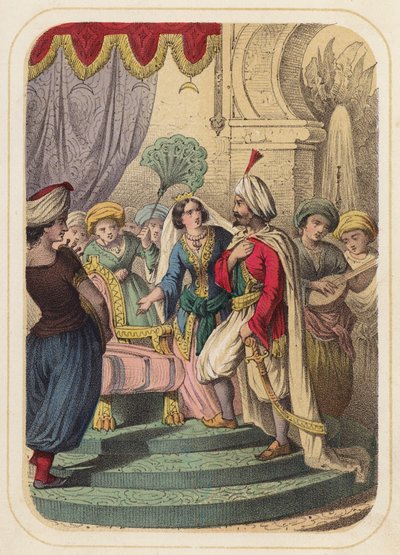 Prins Agib i en scene fra Tusen og én natt (farge litho) av German School