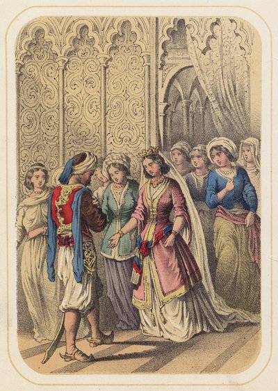 Prins Ahmed og prinsesse Paribanou i en scene fra Tusen og én natt (farge litho) av German School