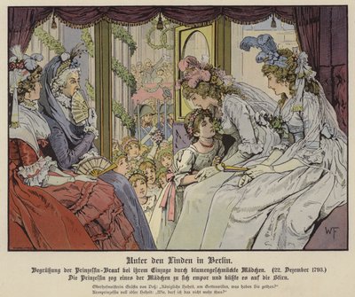 Prinsesse Louise av Mecklenburg-Strelitz kysser en av jentene langs Unter Den Linden for å hilse på hennes ankomst til Berlin for hennes ekteskap med kronprins Frederick III av Preussen, 22. desember 1793 (farge litho) av German School