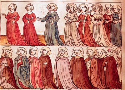 Prosesjon av kvinner fra Boheme. Miniatyr fra "Chronicles of the Council of Constance" av Ulrich Richental (1360-1437) 1438 omtrent Praha, nasjonalbibliotek av German School