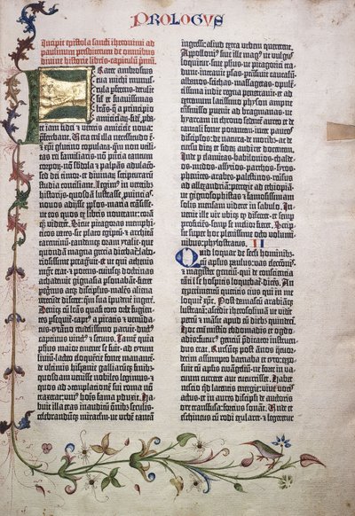Prologfolio med gull og grønn bokstav "F", og kant av blader, blomster, vinranker og fugl, 1455 av German School