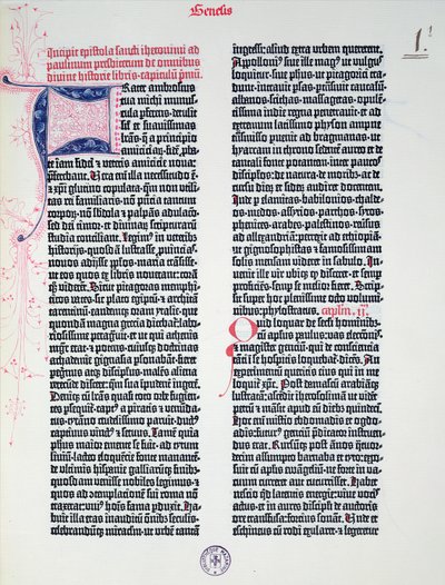 Prolog of the Gutenberg Bible, trykt av Johannes Gutenberg (ca. 1400-68) og Peter Schoeffer (1425-1502) i Mainz, 1454-56 (trykt papir) av German School