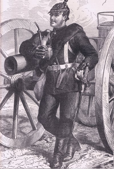 Prøyssisk artillermann, Cassells historie om krigen mellom Frankrike og Tyskland utgitt av Cassell and Company Limited, ca. 1890 (litho) av German School