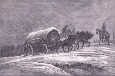 Preussisk feltpost i snøen, Cassells historie om krigen mellom Frankrike og Tyskland utgitt av Cassell and Company Limited, ca. 1890 (litho) av German School