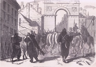 Prøyssiske forsøkende tropper som bringer inn storfe, Cassells History of the War between France and Germany utgitt av Cassell and Company Limited, ca. 1890 (litho) av German School