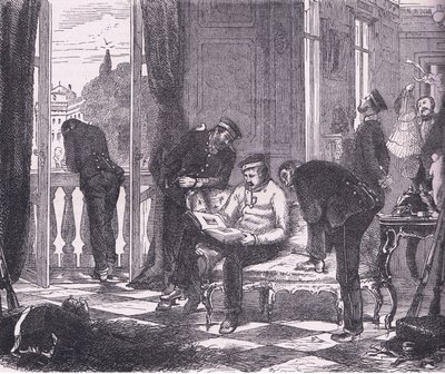 Prøyssere i okkupasjon av en villa nær Paris, Cassells historie om krigen mellom Frankrike og Tyskland utgitt av Cassell and Company Limited, ca. 1890 (litho) av German School