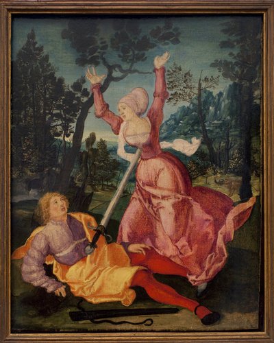 Pyramus og Thisbe. (De to babylonerne elsket hverandre til tross for motstand fra familiene deres, bestemte seg for å flykte sammen, de møtes ved foten av en murier. Pyramus tror at venninnen hennes ble slukt av en løvinne og stakk seg selv med de av German School