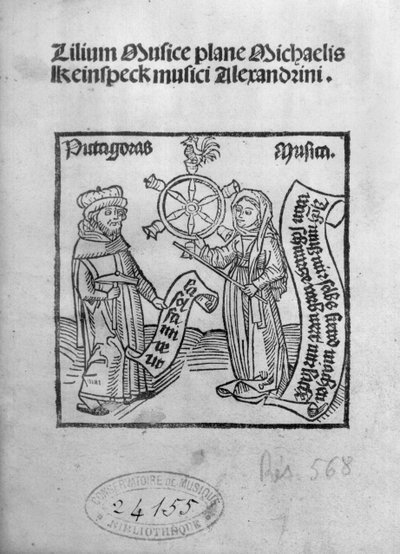 Pythagoras (ca. 580-500 f.Kr.) og musikk, tittelside fra Lilium Musicae av Michael Keinspeck, Augsburg, utgitt i 1500 av German School