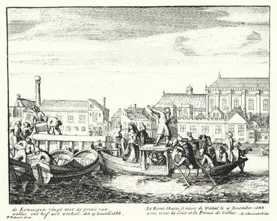Dronning Mary, konsort av kong James II, flyktet fra England med prinsen av Wales og hele hennes hoff, desember 1688 (gravering) av German School