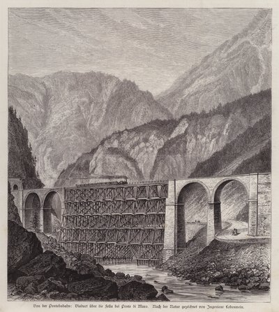 Jernbaneviadukt over elven Fella ved Ponte di Muro, Friuli, Italia (gravering) av German School